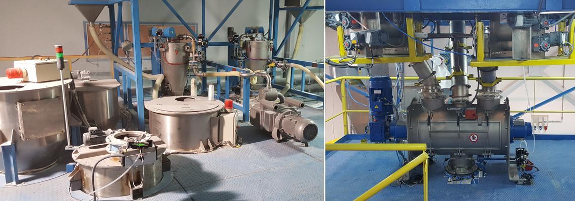 Raw material deconditioning for masterbatch mixture preparation incorporation extruder line 