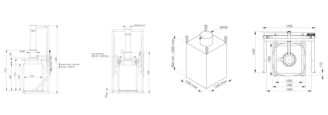 Big bag filling system Flowmatic 01 dimensions - Bulk powder handling