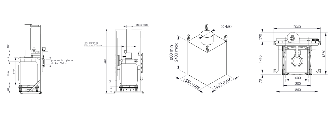 Big bag filling system Flowmatic 03 dimensions - Bulk powder handling 