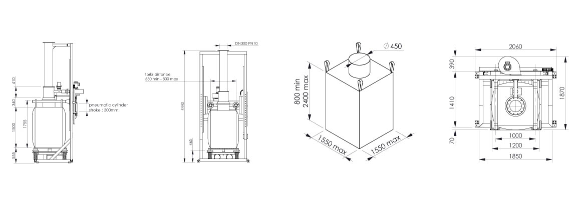 Plan et dimensionnel de la station de remplissage big bag - Flowmatic 03 - Palamatic Process