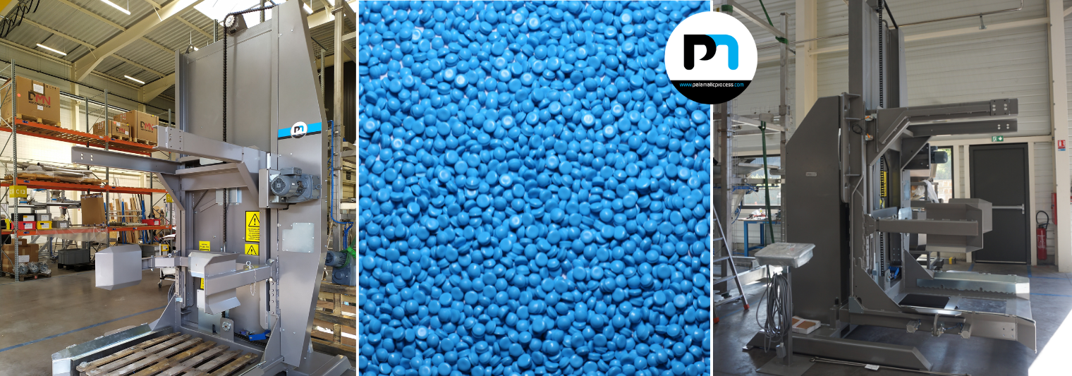 Octabin ledigingsapparatuur voor poeders en granulaten, met blauwe kunststof granulaten in het midden. Palamatic Process logo rechtsboven.