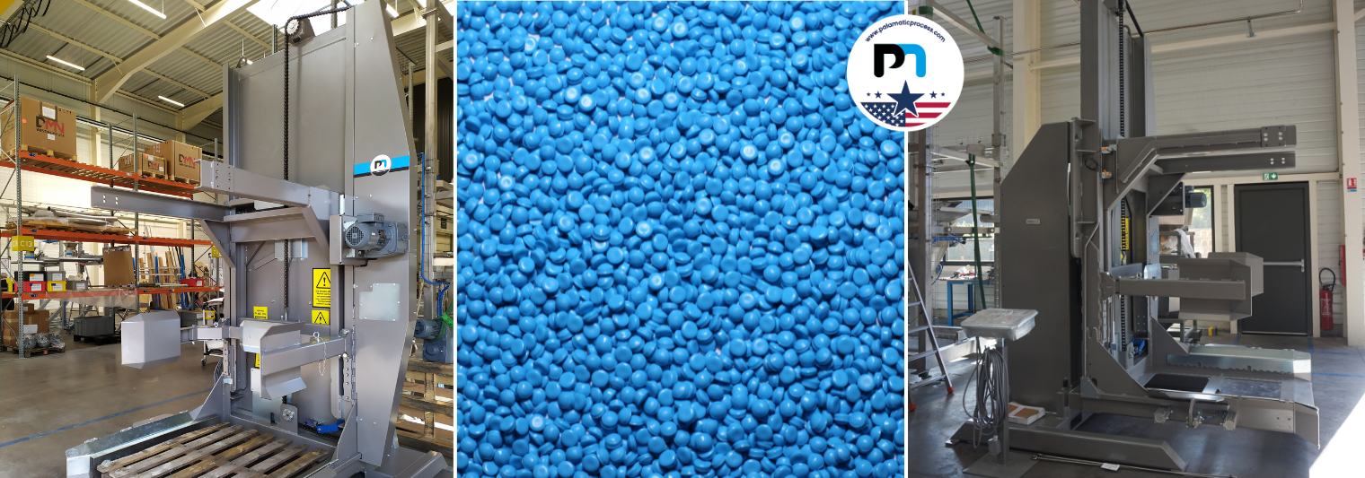 Octabin emptying equipment for powders and granules, with blue plastic granules in the center. Palamatic Process logo at top right.