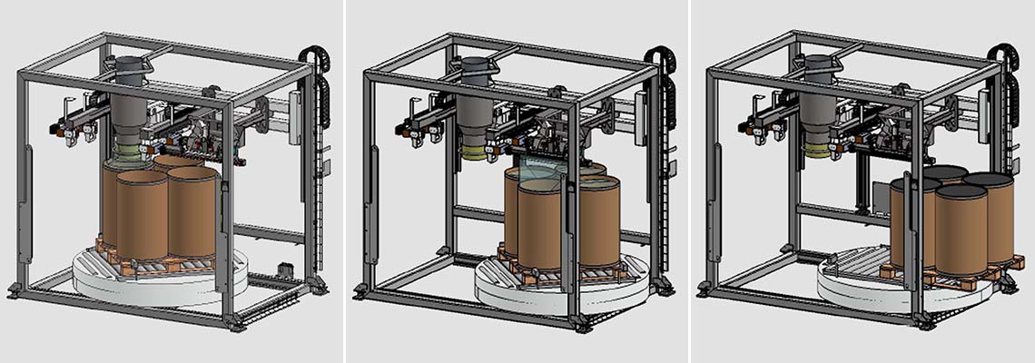 Packaging of drums on rotating pallets