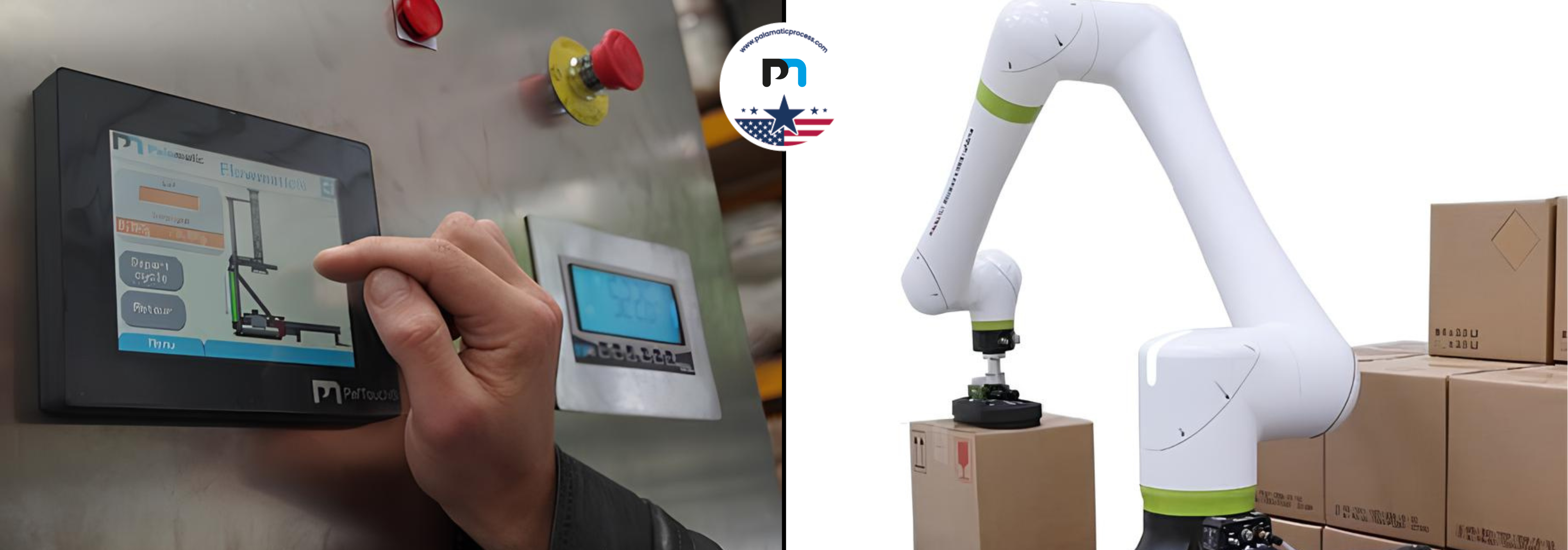 Ordering Palamatic Process equipment via touchscreen and collaborative robot performing cardboard palletizing.