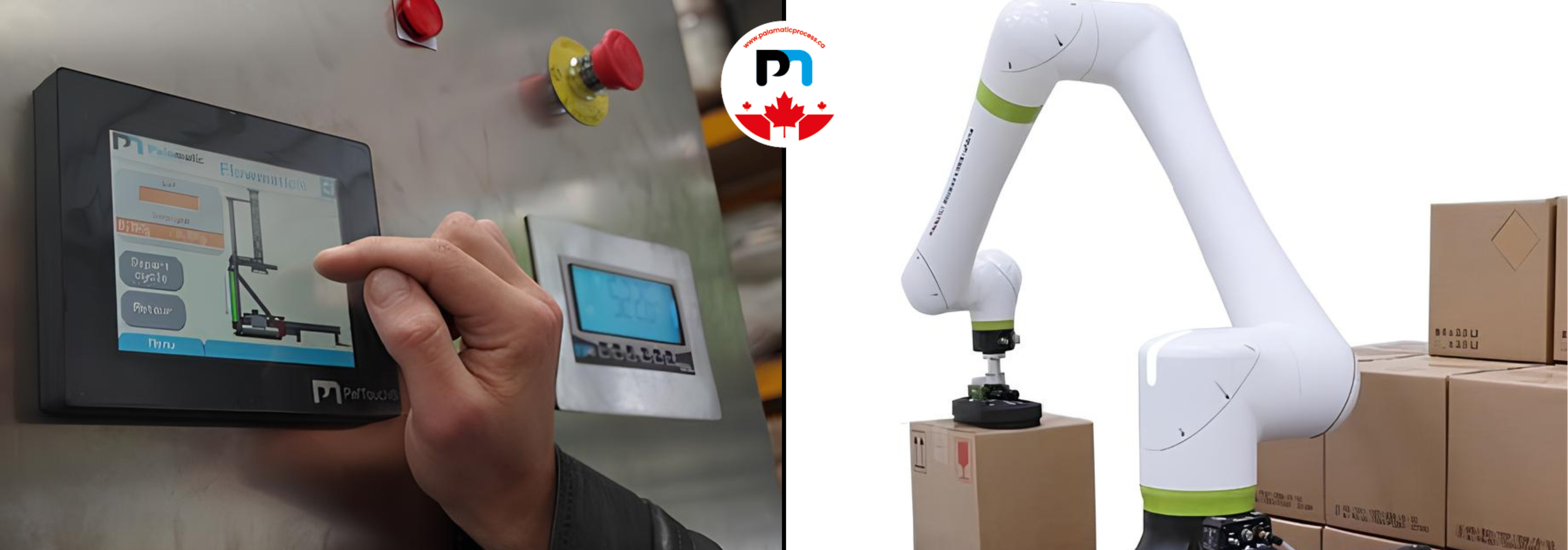 Commande d’un équipement Palamatic Process via écran tactile et robot collaboratif effectuant de la palettisation de cartons.