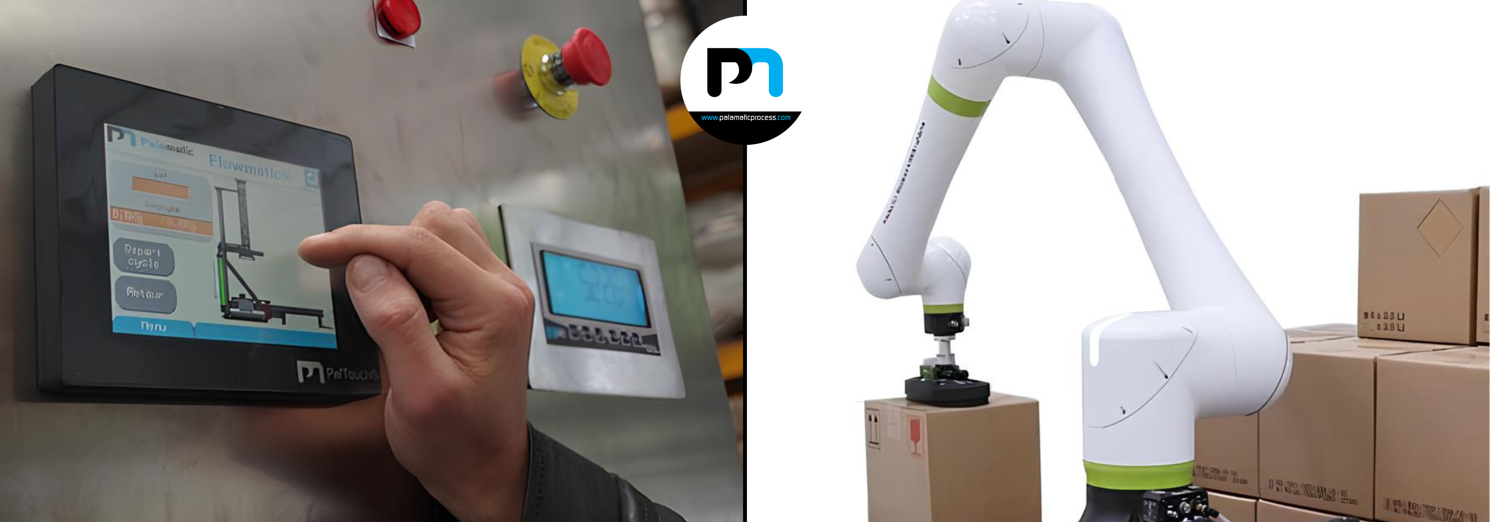 Besturing van een Palamatic Process-apparaat via een touchscreen en een collaboratieve robot die kartonnen dozen palletiseert.