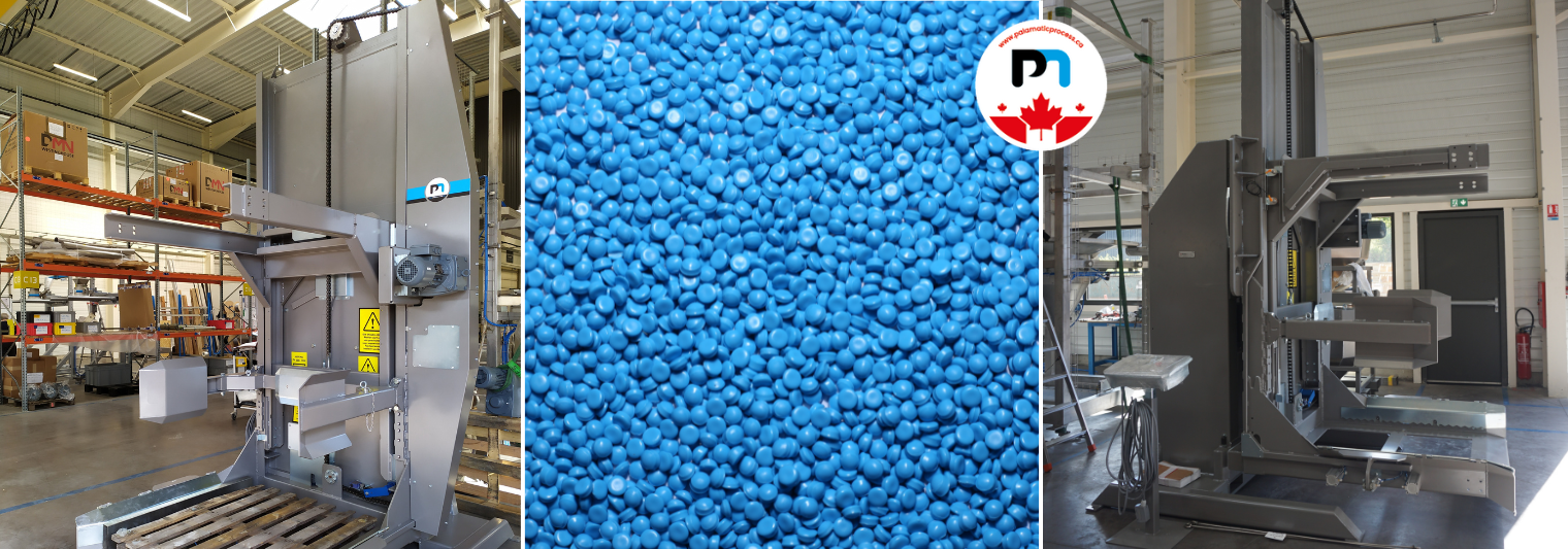 Octabin emptying equipment for powders and granules, with blue plastic granules in the center. Palamatic Process logo at top right.