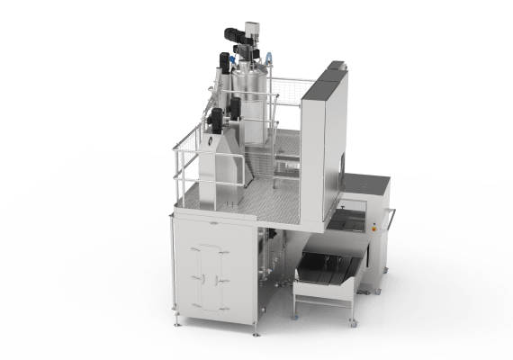 Vue en perspective de l’ensacheuse automatique HBM1030 Palamatic Process avec trémie hygiénique, passerelle d’accès sécurisée, système de dosage intégré et convoyeur automatisé. Conception tout inox avec zones nettoyables NEP/CIP, idéale pour le conditionnement de poudres sensibles. 