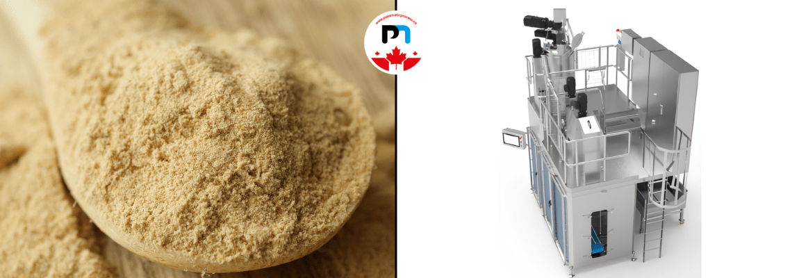 Palamatic Process bagging line for powdered yeast. Automated packaging with CIP and visual display of dehydrated yeast flakes.