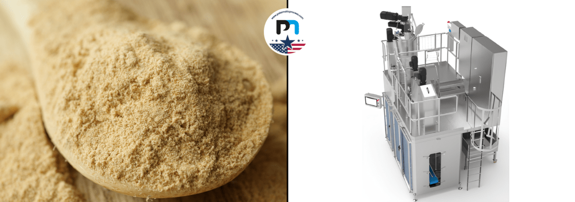 Palamatic Process bagging line for powdered yeast. Automated packaging with CIP and visual display of dehydrated yeast flakes.