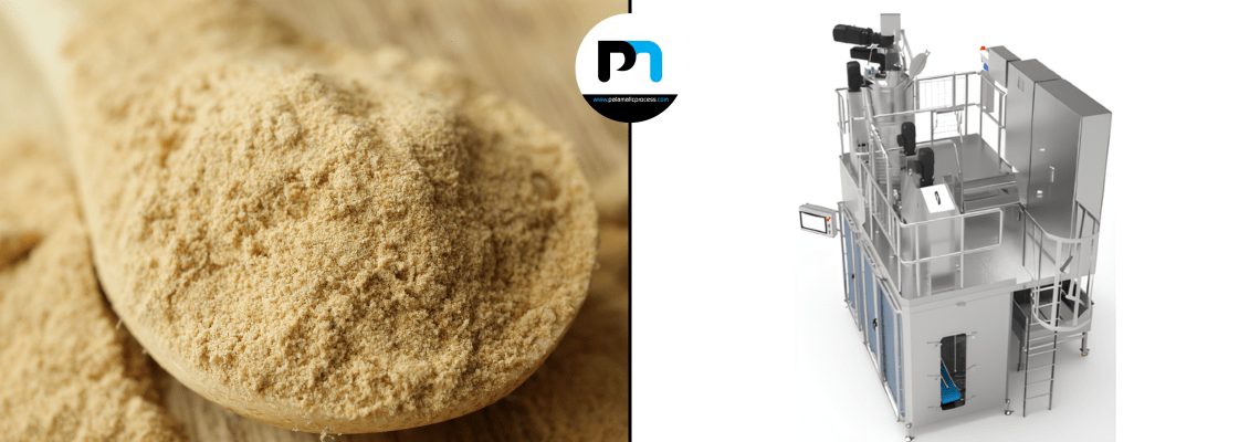 Palamatic Process bagging line for powdered yeast. Automated packaging with CIP and visual display of dehydrated yeast flakes.