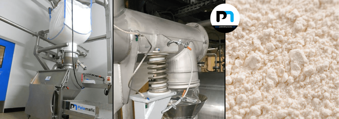 Palamatic Process-installatie voor het automatisch transporteren en doseren van melkpoeder – bigbagstation, gesloten transport en melkpoeder.