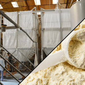 Palamatic Process flexible textile silos for storing and dosing dairy powders – installation in a dairy and view of packaged powder.