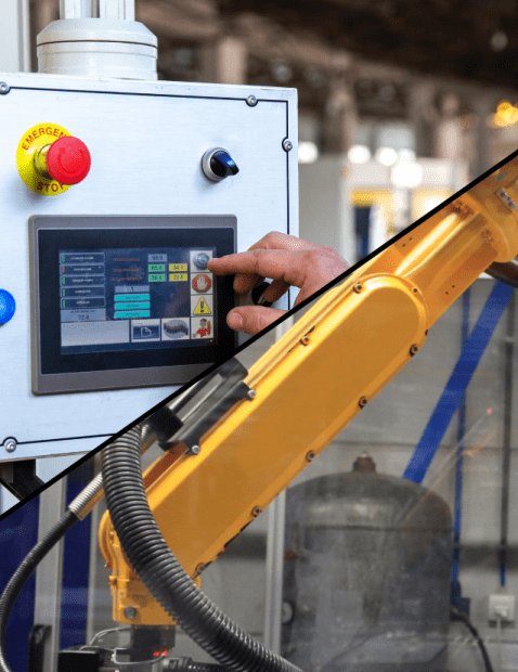 Industrial robotic arm and touchscreen human-machine interface (HMI) for controlling automated equipment in factories.